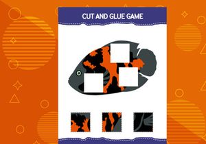 10 Pages Cut and glue game for kids with fish. Cutting practice for preschoolers. Education worksheet.