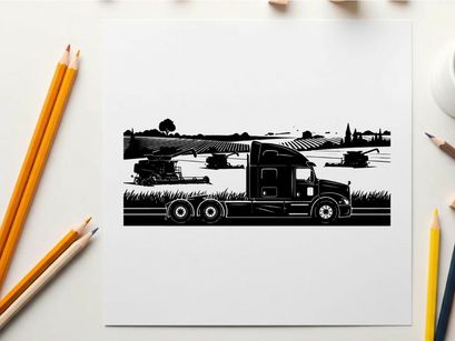 Silhouette of a semi truck driving through a rural landscape