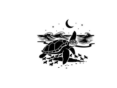 Silhouette of a sea turtle swimming under a crescent moon