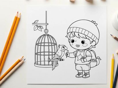 Child with parrot in cage vector illustration flat design