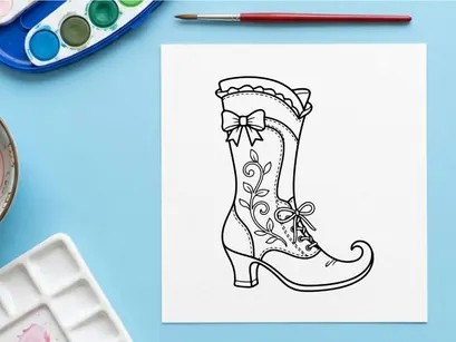 Sepatu elf kartun lucu dengan jari kaki keriting dan pita. Ilustrasi alas kaki liburan yang menyenangkan untuk desain festif.