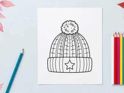 Winter knit beanie hat with pom pom and star icon, black and white line art illustration.