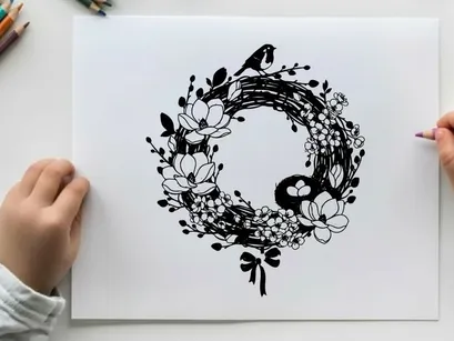 Silhouette of a bird on a floral wreath decoration
