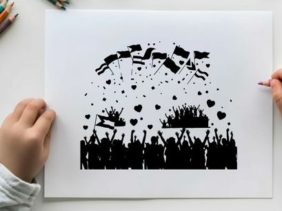 Silhouette of a crowd celebrating with flags and hearts in the air