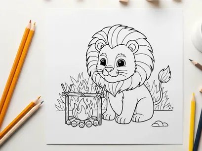 Cute cartoon lion by campfire vector illustration