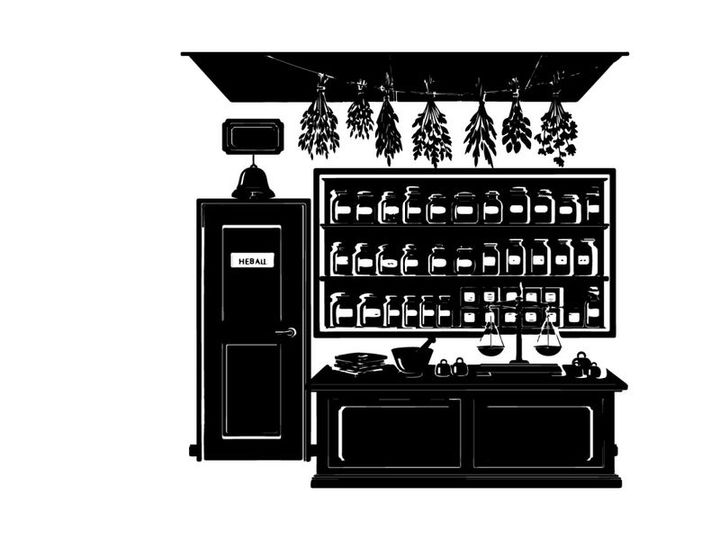 Silhouette of a vintage apothecary shop interior with hanging herbs