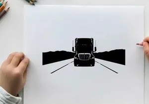 Truck silhouette on a road with mountains in the background silhouette