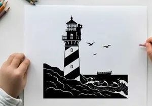 Black and white lighthouse silhouette on a stormy sea with birds flying