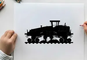 Silhouette of a large industrial train engine on railroad tracks