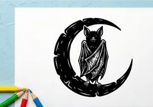 Stylized owl with bat wings perched on crescent moon illustration