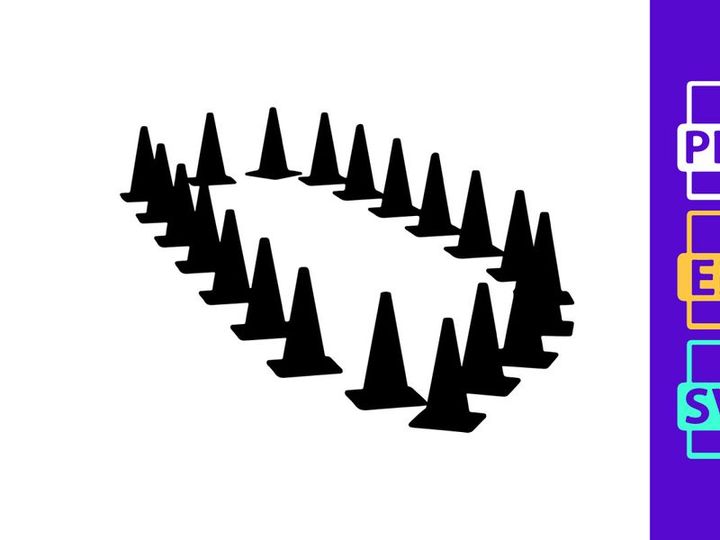 A group of small black plastic traffic cones arranged in a curved line on a white background