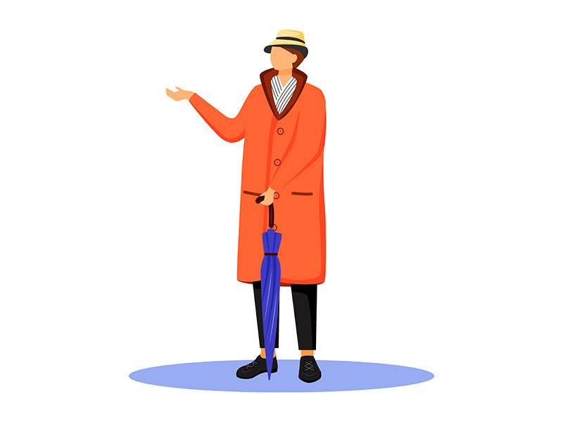 Man in orange raincoat flat color vector faceless character