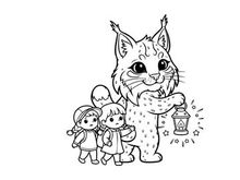 Cute lynx with kids holding lantern vector illustration