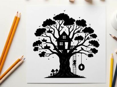 Treehouse silhouette with tire swing and ladder