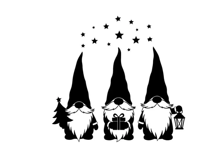 Three gnomes silhouette with christmas tree gift and lantern