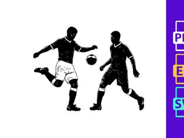 Two soccer players in action kicking and chasing the ball competitively preview picture