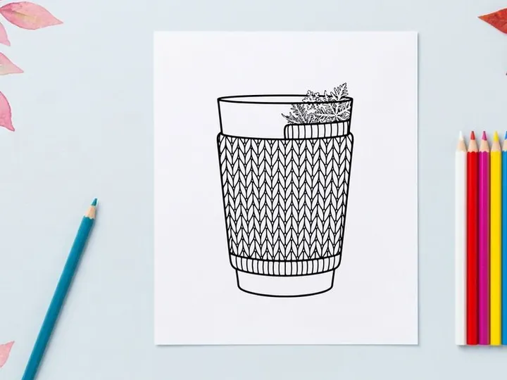 Christmas coffee cup with knitted cozy sleeve, winter holiday beverage illustration.