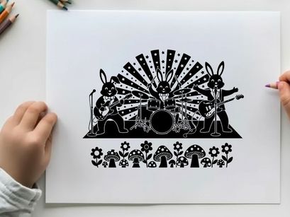 Silhouette of three rabbits playing music on stage with flowers and mushrooms