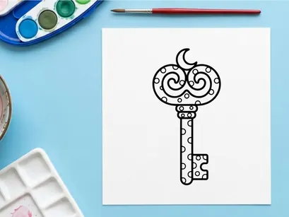Vintage skeleton key with ornate crescent moon and stars design. Gothic antique key illustration for Halloween decor and mystical themes.