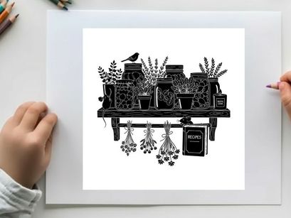 Silhouette of a bird on a shelf with potted plants and herbs