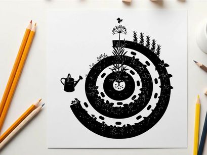 Silhouette of a spiral garden with a watering can and flower