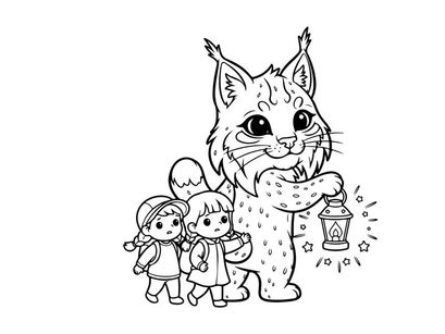 Cute lynx with kids holding lantern vector illustration
