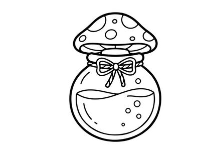 Cute cartoon mushroom jar with bow gift. Whimsical toadstool container illustration for festive decor.