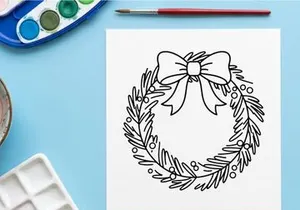 Hand-drawn Christmas wreath with white flower and pine branches for festive holiday decor
