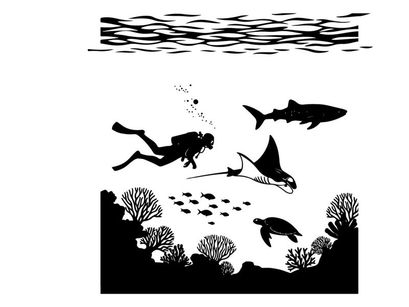 Underwater scene with scuba diver and marine life silhouette