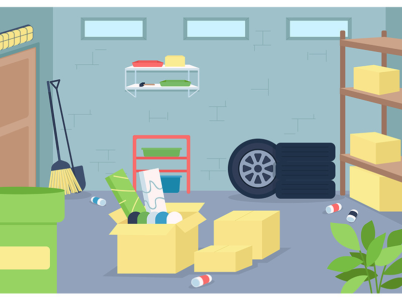 Garage junk flat color vector illustration