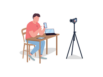 Man making video review flat color vector faceless character preview picture