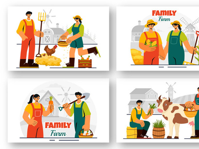 9 Family Working on a Farm Illustration