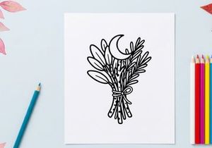 Hand-drawn Halloween olive branch bouquet with crescent moon. Spooky autumn botanical illustration for seasonal decor and invitations.