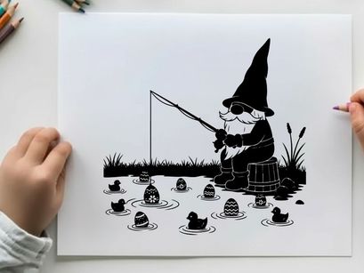 Gnome silhouette fishing with ducks in water scene