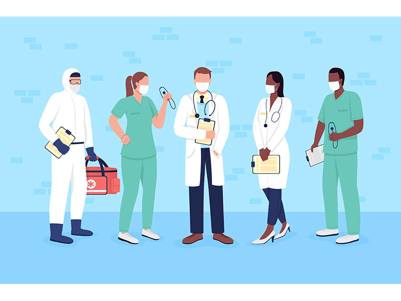 Doctors and nurses in medical masks flat color vector faceless characters set