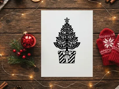 Black and white Christmas tree silhouette with gift box icon for holiday design projects