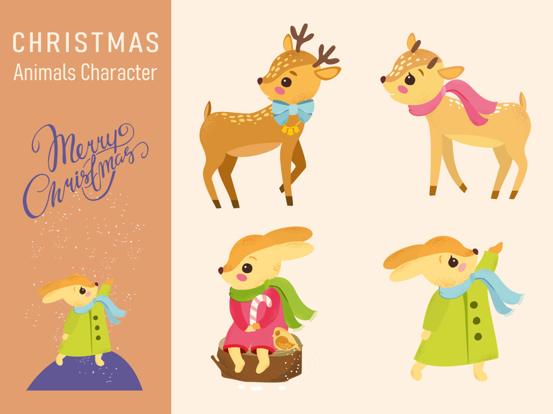 Merry Christmas little deer, fox vector poster and greeting card template