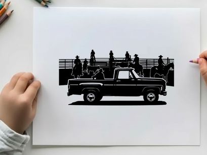 Silhouette of a pickup truck parked near a fence with people and umbrellas