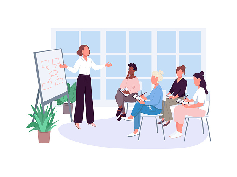 Girl office meeting flat color vector faceless characters