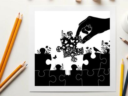 Silhouette of hand placing puzzle piece with floral pattern on white background