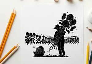 Silhouette of a farmer planting sunflowers in a field