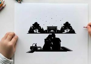 Romantic silhouette of couple on picnic at night outdoors
