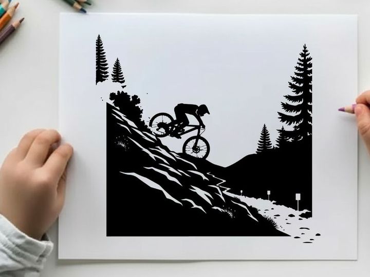 Mountain biker in silhouette on snowy forest trail downhill