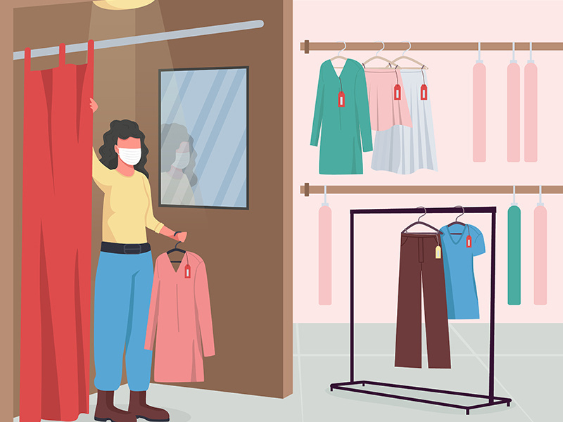 Clothing shop during epidemic flat color vector illustration