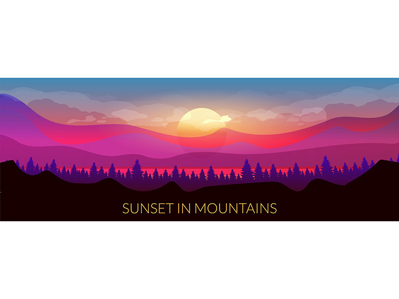Sunset in mountains flat color vector banner template