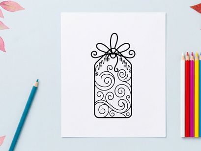 Decorative gift tag with swirl patterns and snowflake line art