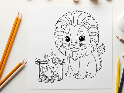 Cute cartoon lion by campfire vector illustration flat design