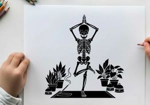 Silhouette of a skeleton in yoga pose with plants