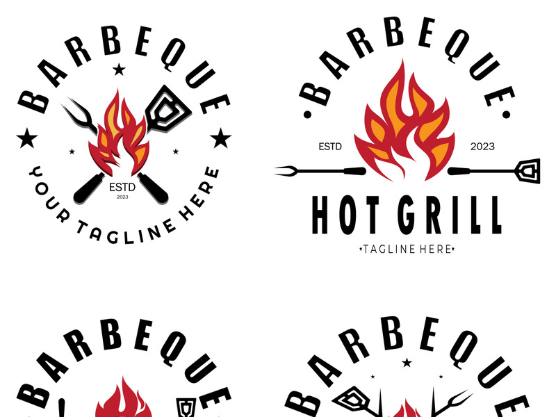 Smoke and BBQ Barbecue Vintage hot grill, with crossed flames and spatula. Logo for restaurant, badge, cafe and bar.vector