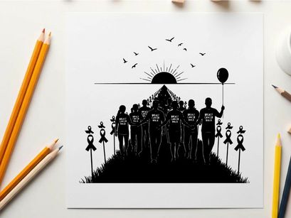 Silhouette of a group walking towards sunrise with balloons and ribbons